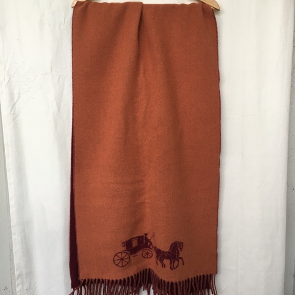 Double faced wool Coach logo scarf - maroon & orange - 'cherry/ginger' - Picture 4 of 9